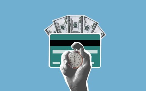 Cut out paper composition of stopwatch in hand of man waiting for money credited to credit card on blue background